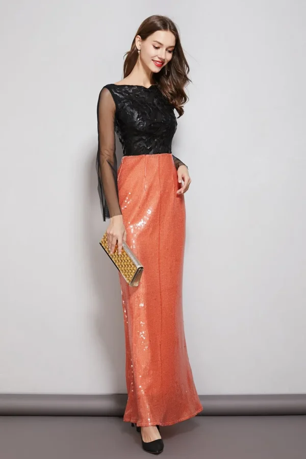 Alternative view of Womens Evening Party Prom Slash Neckline Long Sleeves Appliques Sequined Patchwork Maxi Elegant Dresses