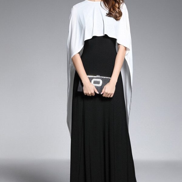 Women's O Neck Sleeveless Floor Length Long Party Dresses with Cape Color Block Fashion Prom Gown