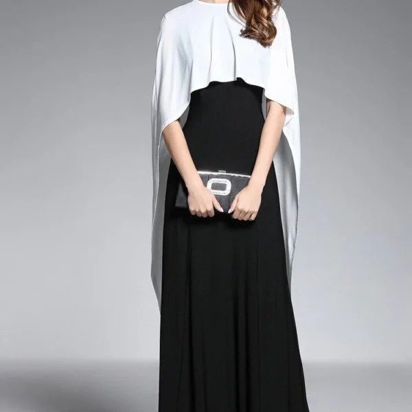 Women's O Neck Sleeveless Floor Length Long Party Dresses with Cape Color Block Fashion Prom Gown