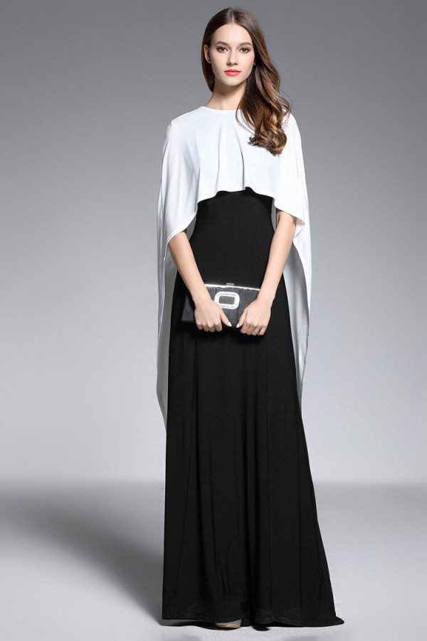 Women's O Neck Sleeveless Floor Length Long Party Dresses with Cape Color Block Fashion Prom Gown