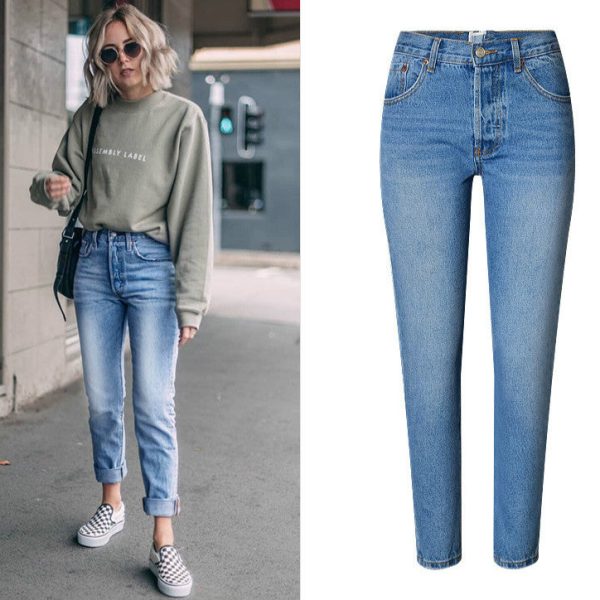 Women High Waist Ripped Back Zipper Jeans Streetwear Denim Pants