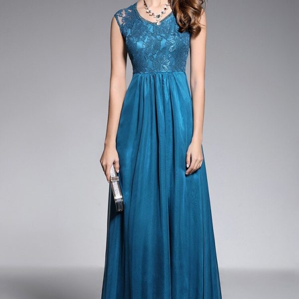 Women's Sexy V Neck Sleeveless Embroidery Lace Fashion Elegant Party Prom Long Runway Dresses