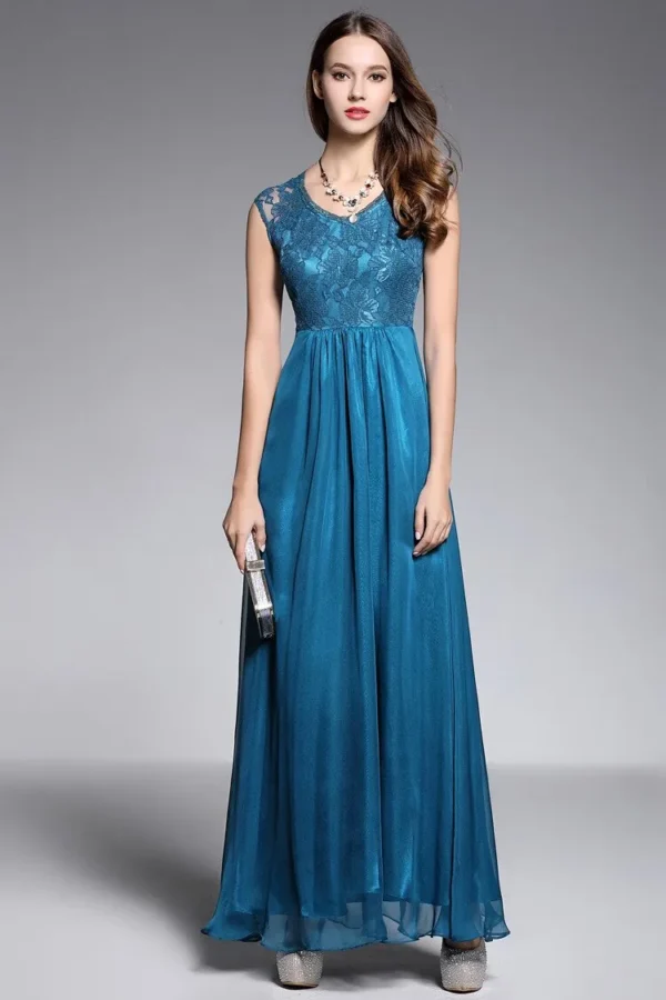 Women's Sexy V Neck Sleeveless Embroidery Lace Fashion Elegant Party Prom Long Runway Dresses