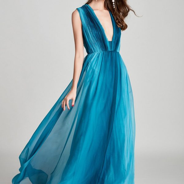Alternative view of Sexy Low V Back Sleeveless Faded Color Ruched Fashion Floor Length Prom Dresses Party Foral Dressses