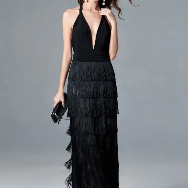 Women's Sexy Deep V Neck Sleeveless Ruched Waist Tiered Tassels Fashion Long Party Dresses Elegant Runway Prom Dress
