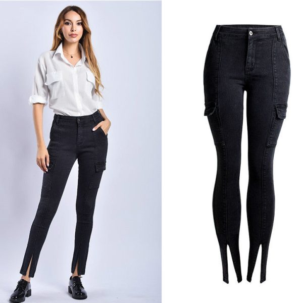 Women High Waist Skinny Jeans Both Side Pocket Split Elastic Denim Pants