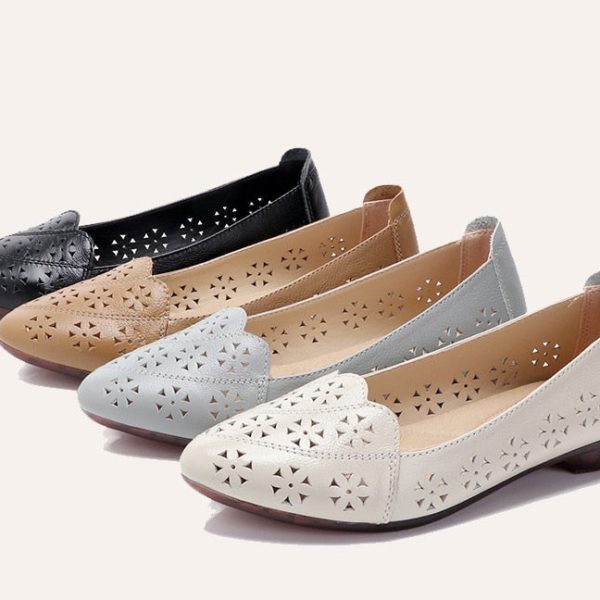 Breathable Genuine Leather Summer Shoes Woman  Flat Heel Hollow Out Flats Slip On Shoes For Women Soft