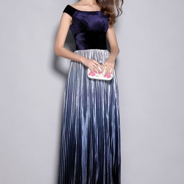 Alternative view of Women's Slash Neckline Short Sleeves Velour Pleated Party Prom Piping Elegant Long Runway Dresses