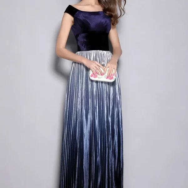 Alternative view of Women's Slash Neckline Short Sleeves Velour Pleated Party Prom Piping Elegant Long Runway Dresses