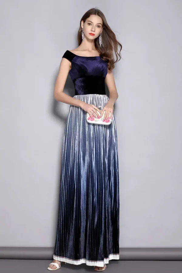 Alternative view of Women's Slash Neckline Short Sleeves Velour Pleated Party Prom Piping Elegant Long Runway Dresses