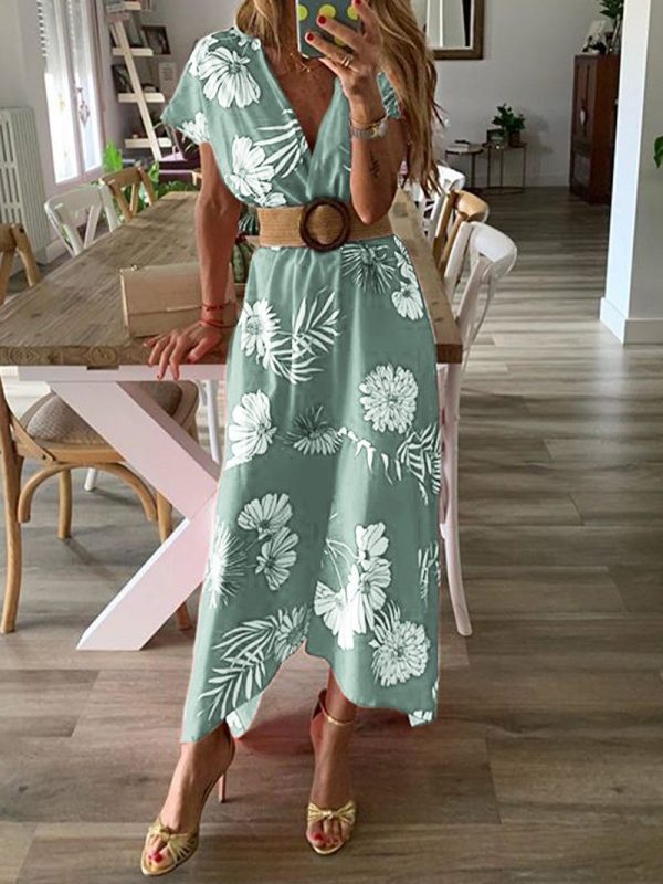 The Best Women V-neck Boho Floral Belted Maxi Dress Summer Ladies Casual Short Sleeve Party Beach Sundress Holiday Clothing Online - Hplify