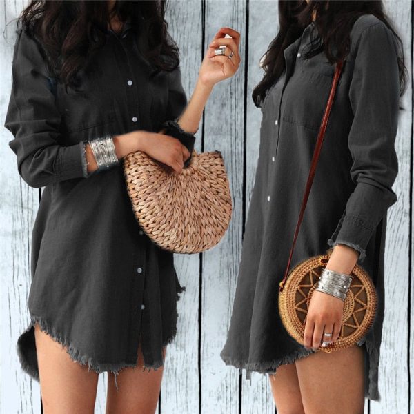 Women Casual Denim Shirt Dress Ladies Long Sleeve Turn-Down Collar Office Lady Dress  Spring Fashion Shirt Tassel Dress