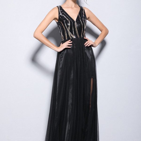 Alternative view of Women's Sexy Low V Neck Sleeveless Sequined Bodice Split Patchwork Party Prom Long Runway Dresses