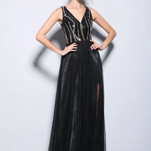 Alternative view of Women's Sexy Low V Neck Sleeveless Sequined Bodice Split Patchwork Party Prom Long Runway Dresses