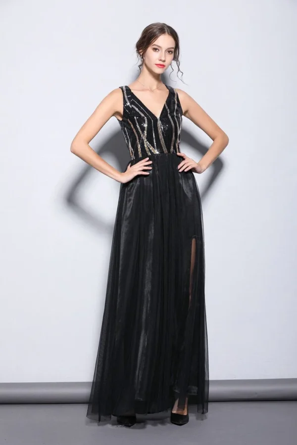 Alternative view of Women's Sexy Low V Neck Sleeveless Sequined Bodice Split Patchwork Party Prom Long Runway Dresses