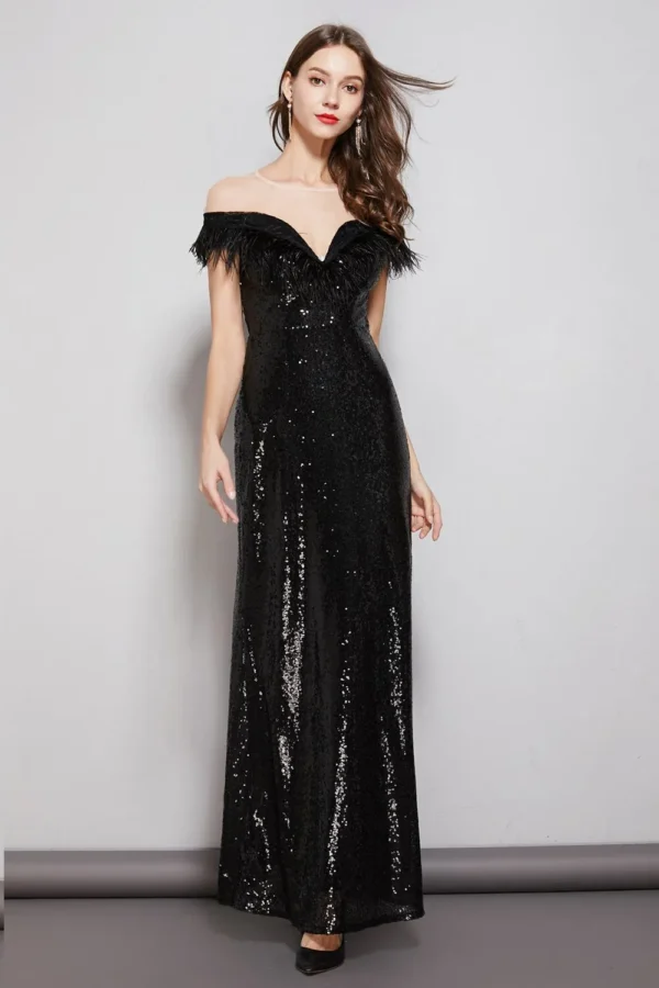 Women's Evening Party Prom O Neck Short Sleeves Feathers Tassels Sequined Patchwork Fashion Long Dresses