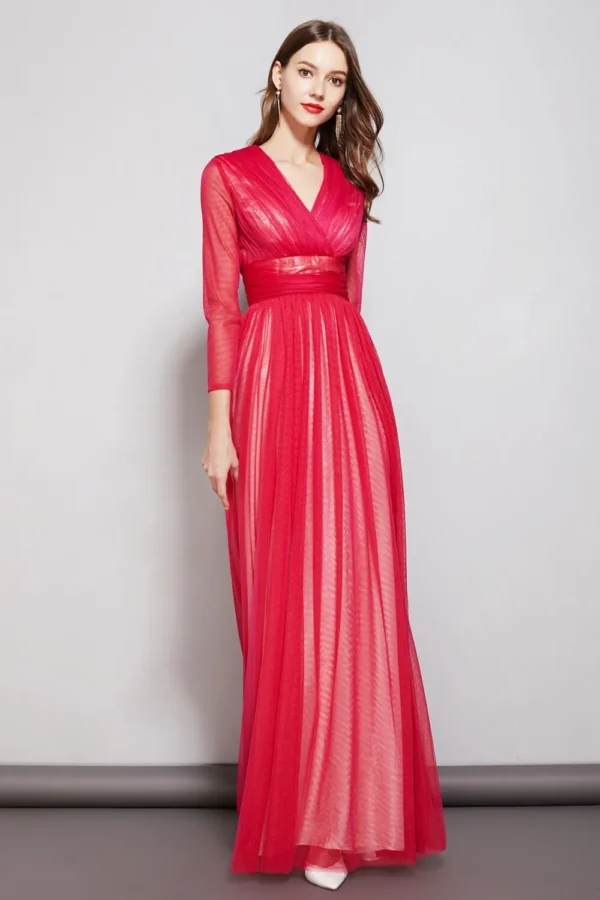 Women's Party Prom Sexy V Neck Long Sleeves Ruched Waist Layered Elegant Maxi Fashion Dresses