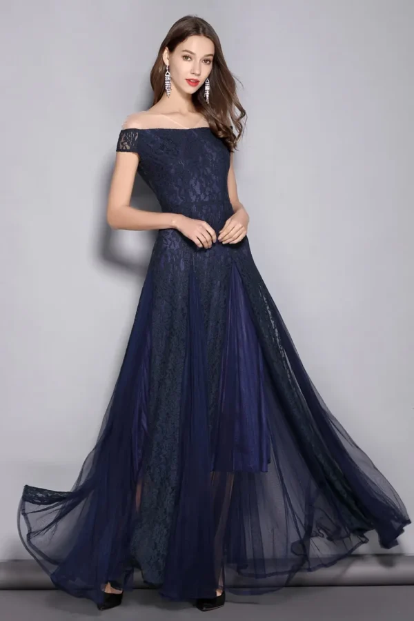 Alternative view of Women's V Neck Short Sleeves Embroidery Lace Elegant Party Prom Sexy Mesh Laid Over Elegant Long Runway Dresses