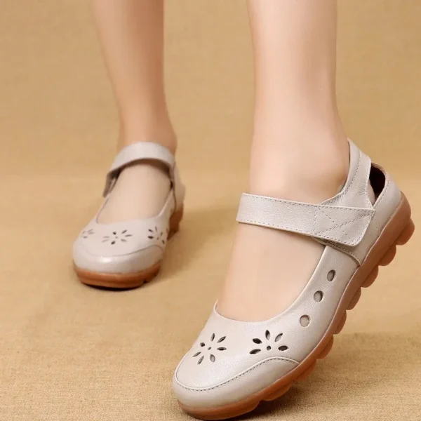 Fashion Genuine Leather Summer Shoes Woman Flats Low Heel Hook&Loop Hollow Out Leather Soft Flat Shoes For Ladies