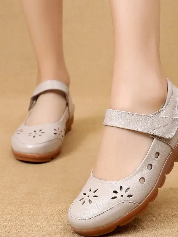 Fashion Genuine Leather Summer Shoes Woman Flats Low Heel Hook&Loop Hollow Out Leather Soft Flat Shoes For Ladies