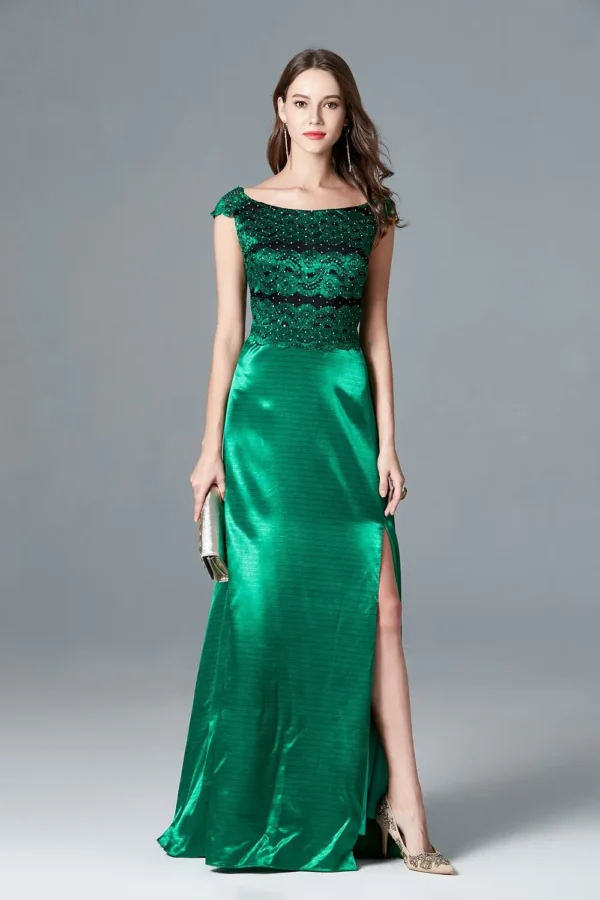 Women's Scoop Neckline Embroidery Lace Bodice Sexy Split Pathwork Party Prom Fashion Floor Length Runway Dresses