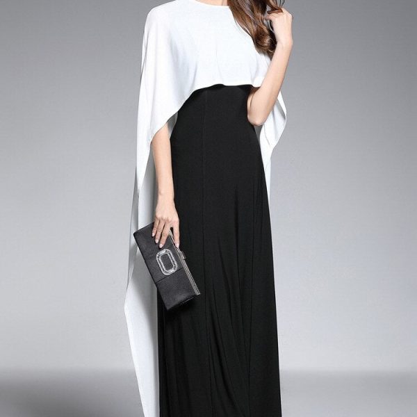 Alternative view of Women's O Neck Sleeveless Floor Length Long Party Dresses with Cape Color Block Fashion Prom Gown