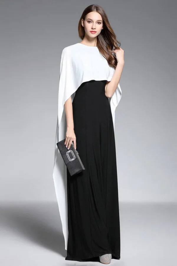 Alternative view of Women's O Neck Sleeveless Floor Length Long Party Dresses with Cape Color Block Fashion Prom Gown
