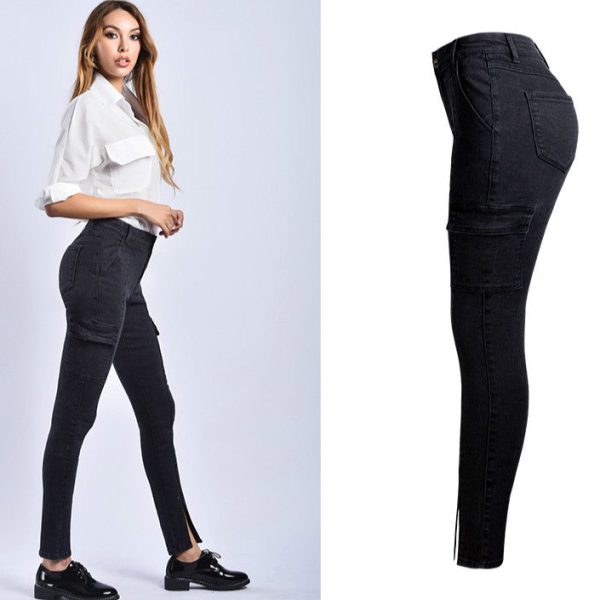 Alternative view of Women High Waist Skinny Jeans Both Side Pocket Split Elastic Denim Pants