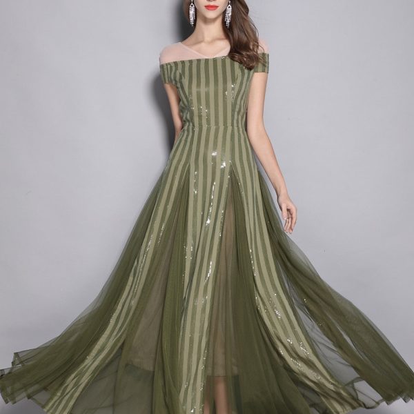 Alternative view of Women's V Neck Short Sleeves Sequined Striped Party prom Elegant Long Designer Runway Dresses