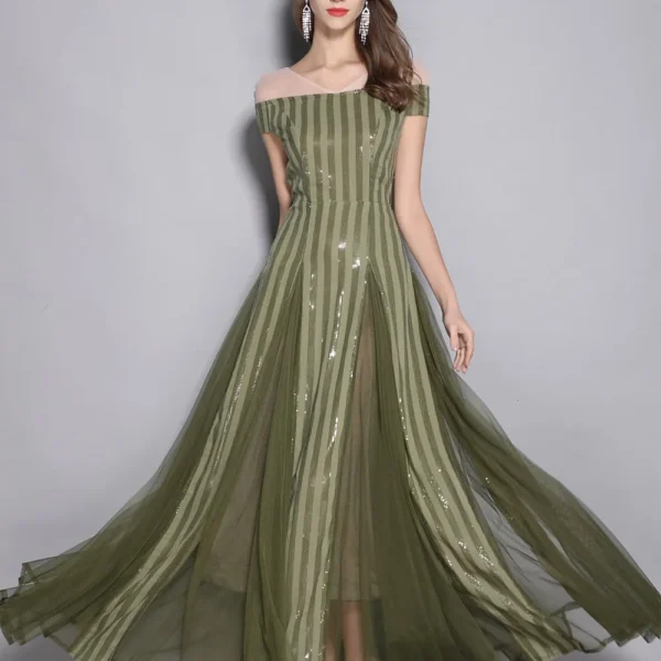 Alternative view of Women's V Neck Short Sleeves Sequined Striped Party prom Elegant Long Designer Runway Dresses