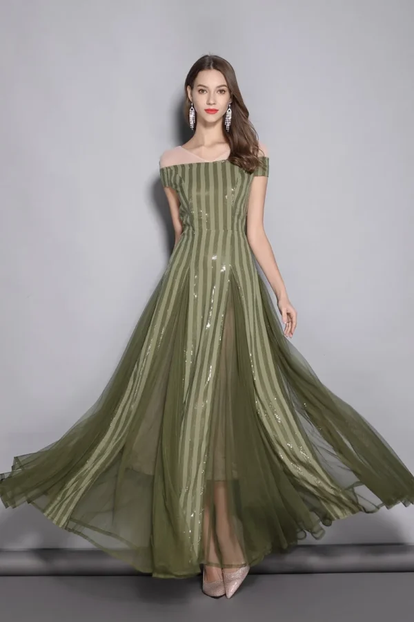 Alternative view of Women's V Neck Short Sleeves Sequined Striped Party prom Elegant Long Designer Runway Dresses