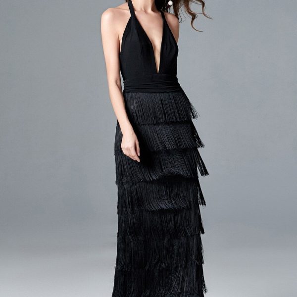 Alternative view of Women's Sexy Deep V Neck Sleeveless Ruched Waist Tiered Tassels Fashion Long Party Dresses Elegant Runway Prom Dress