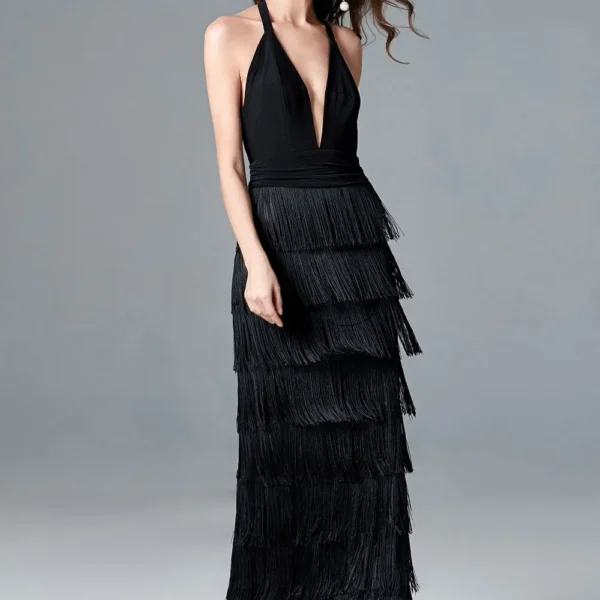 Alternative view of Women's Sexy Deep V Neck Sleeveless Ruched Waist Tiered Tassels Fashion Long Party Dresses Elegant Runway Prom Dress