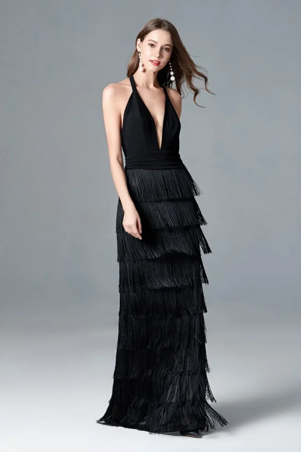 Alternative view of Women's Sexy Deep V Neck Sleeveless Ruched Waist Tiered Tassels Fashion Long Party Dresses Elegant Runway Prom Dress