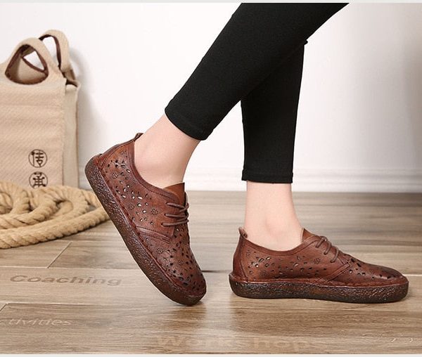 Alternative view of Summer Hollow Out Women Flats Original Genuine Leather Shoes Round Toes Handmade Vintage Ladies Soft Bottom Flat Shoes