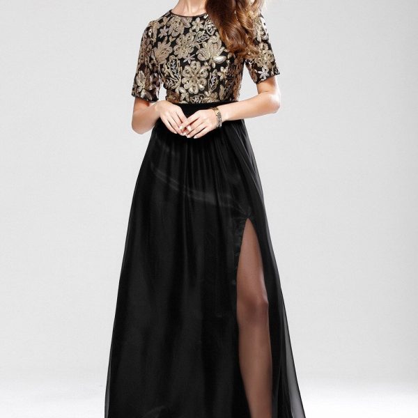 Women's O Neck Short Sleeves Sequined Patchwork Fashion Long Party Prom Elegant Maxi Dresses