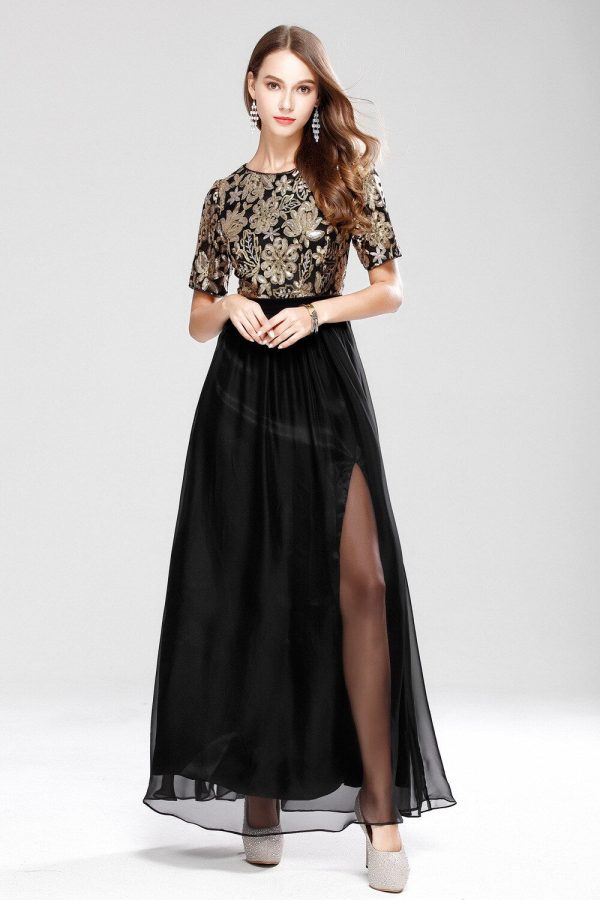 Women's O Neck Short Sleeves Sequined Patchwork Fashion Long Party Prom Elegant Maxi Dresses