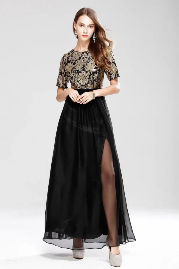 Women's O Neck Short Sleeves Sequined Patchwork Fashion Long Party Prom Elegant Maxi Dresses
