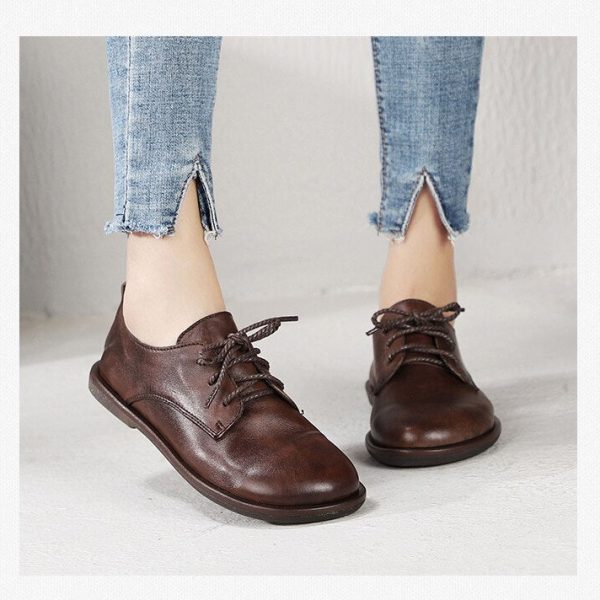 Alternative view of Original Spring and Summer  Round Toe Lace-up Flat Sole Women Shoes British Style Genuine Leather Simple Flats