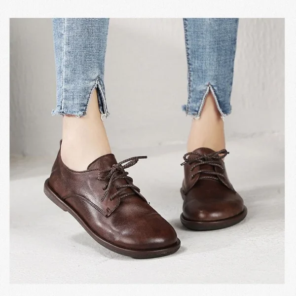 Alternative view of Original Spring and Summer  Round Toe Lace-up Flat Sole Women Shoes British Style Genuine Leather Simple Flats