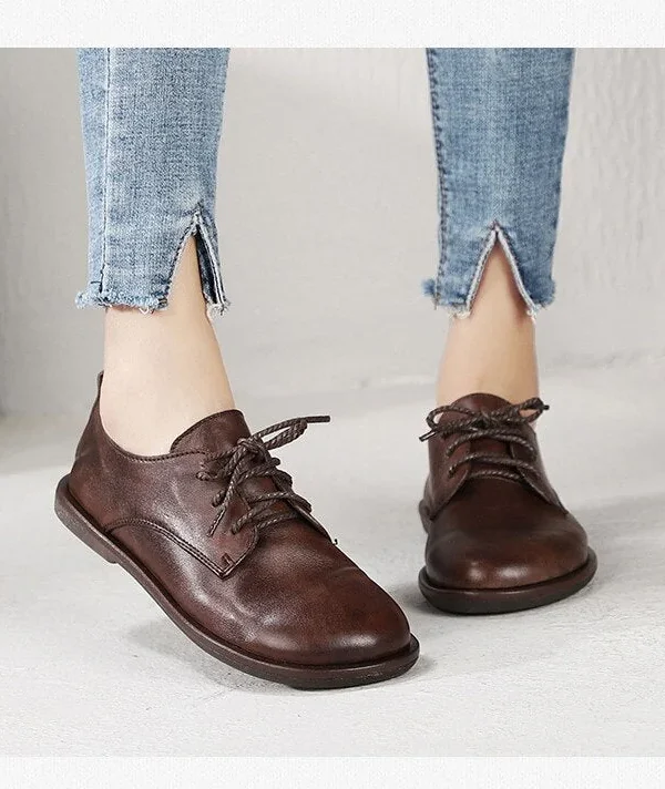 Alternative view of Original Spring and Summer  Round Toe Lace-up Flat Sole Women Shoes British Style Genuine Leather Simple Flats
