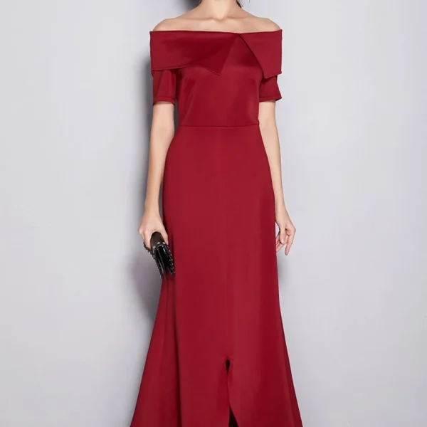 Women's Runway Dresses Slash Neckline Short Sleeves Party Prom Sexy Split Chapel Train Long Red Dresses