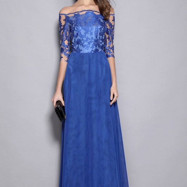 Women's Slash Neckline 3/4 Sleeves Embroidery Lace Patchwork Party Prom Elegant Long Designer Runway Dresses