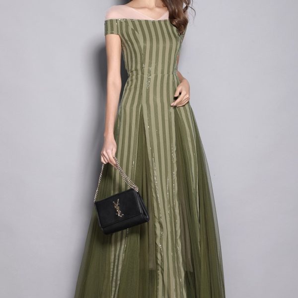 Women's V Neck Short Sleeves Sequined Striped Party prom Elegant Long Designer Runway Dresses