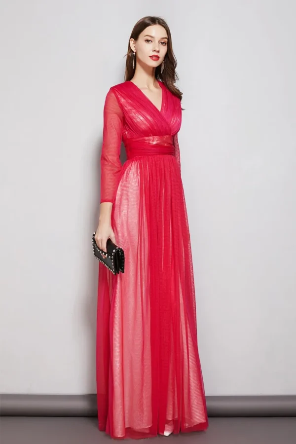 Alternative view of Women's Party Prom Sexy V Neck Long Sleeves Ruched Waist Layered Elegant Maxi Fashion Dresses
