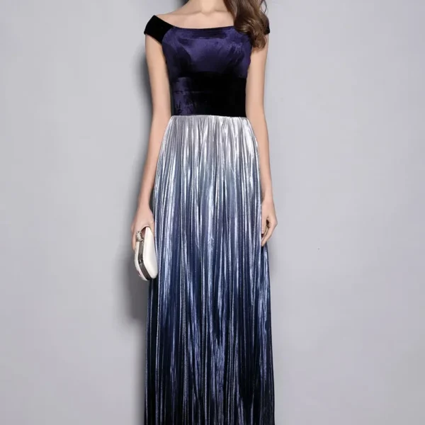Women's Slash Neckline Short Sleeves Velour Pleated Party Prom Piping Elegant Long Runway Dresses