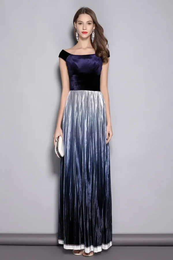 Women's Slash Neckline Short Sleeves Velour Pleated Party Prom Piping Elegant Long Runway Dresses