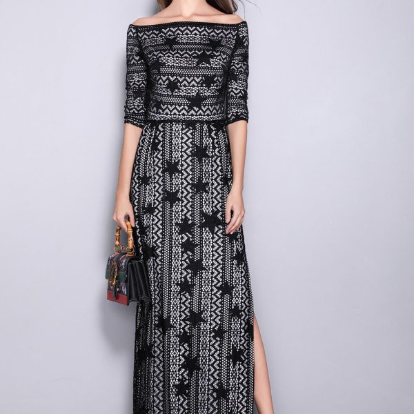 Women's Slash Neckline 3/4 Sleeves Off the Shoulder Embroidery Lace Split Elegant Party Dresses Fashion Long Runway Dresses