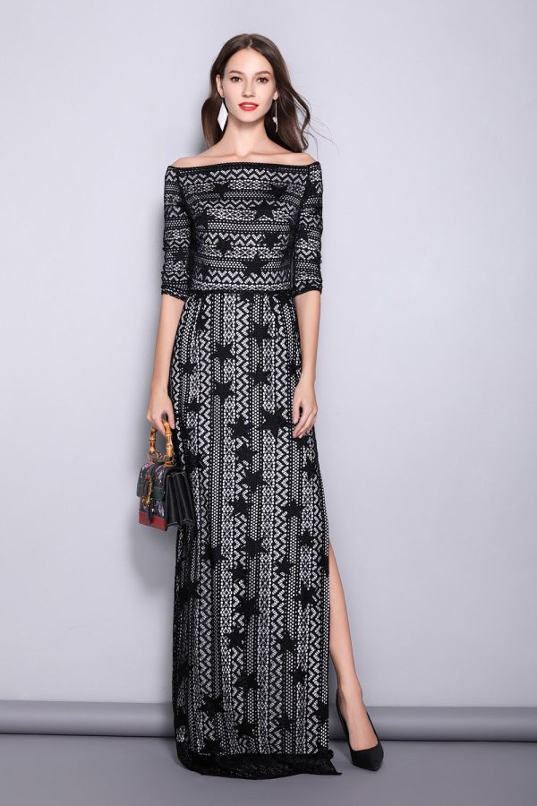 Women's Slash Neckline 3/4 Sleeves Off the Shoulder Embroidery Lace Split Elegant Party Dresses Fashion Long Runway Dresses