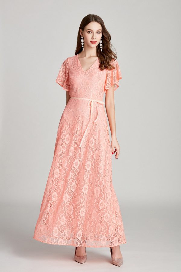 Sexy V Neck Short Sleeves Embroidery Lace Fashion High Street Long Dresses